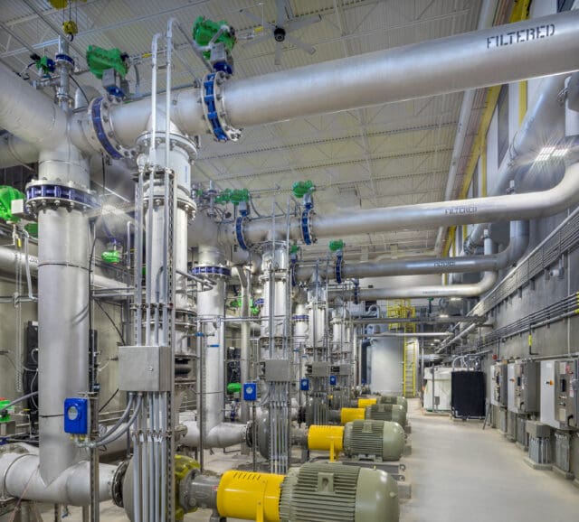 A photograph of water treatment plant filter pipes