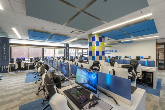 A photograph of an ESports classroom at the University of Buffalo.