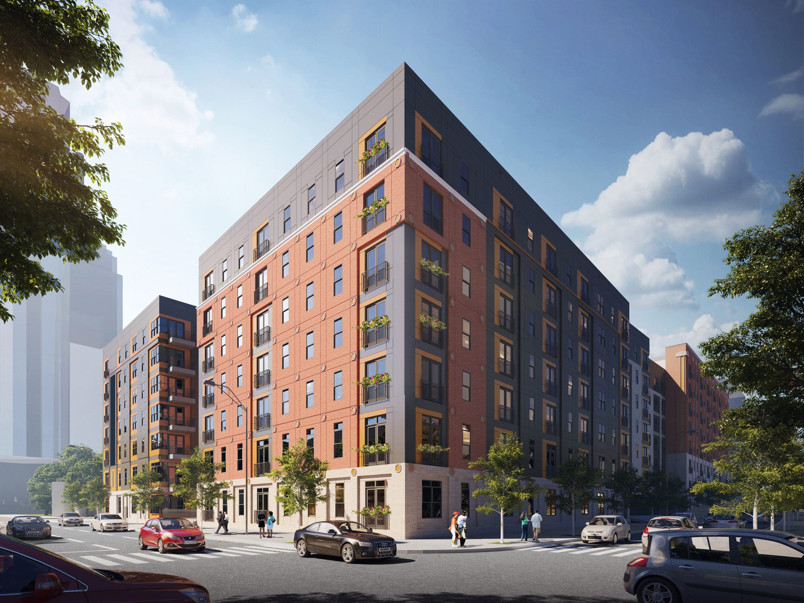 Street-level rendering of the Trella Uptown mixed-income community