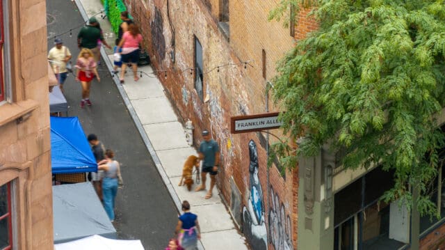 A photograph of people milling about during a farmers' market in Franklin Alley in Troy, NY