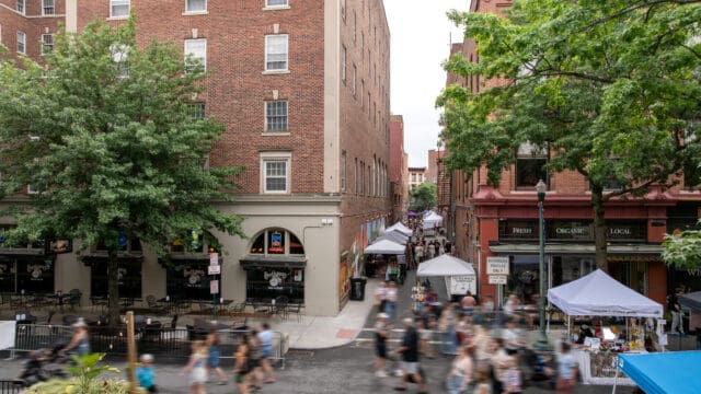 A photograph of people milling about during a farmers' market in Franklin Alley in Troy, NY