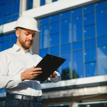 Engineer Next To Building Cranes. Concept Large Construction Project. Architect Directs The Construction Process. Drawings And Tablet In The Hands.
