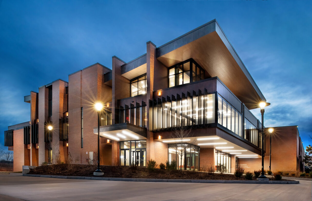 Exterior of Lowenthal Hall at night