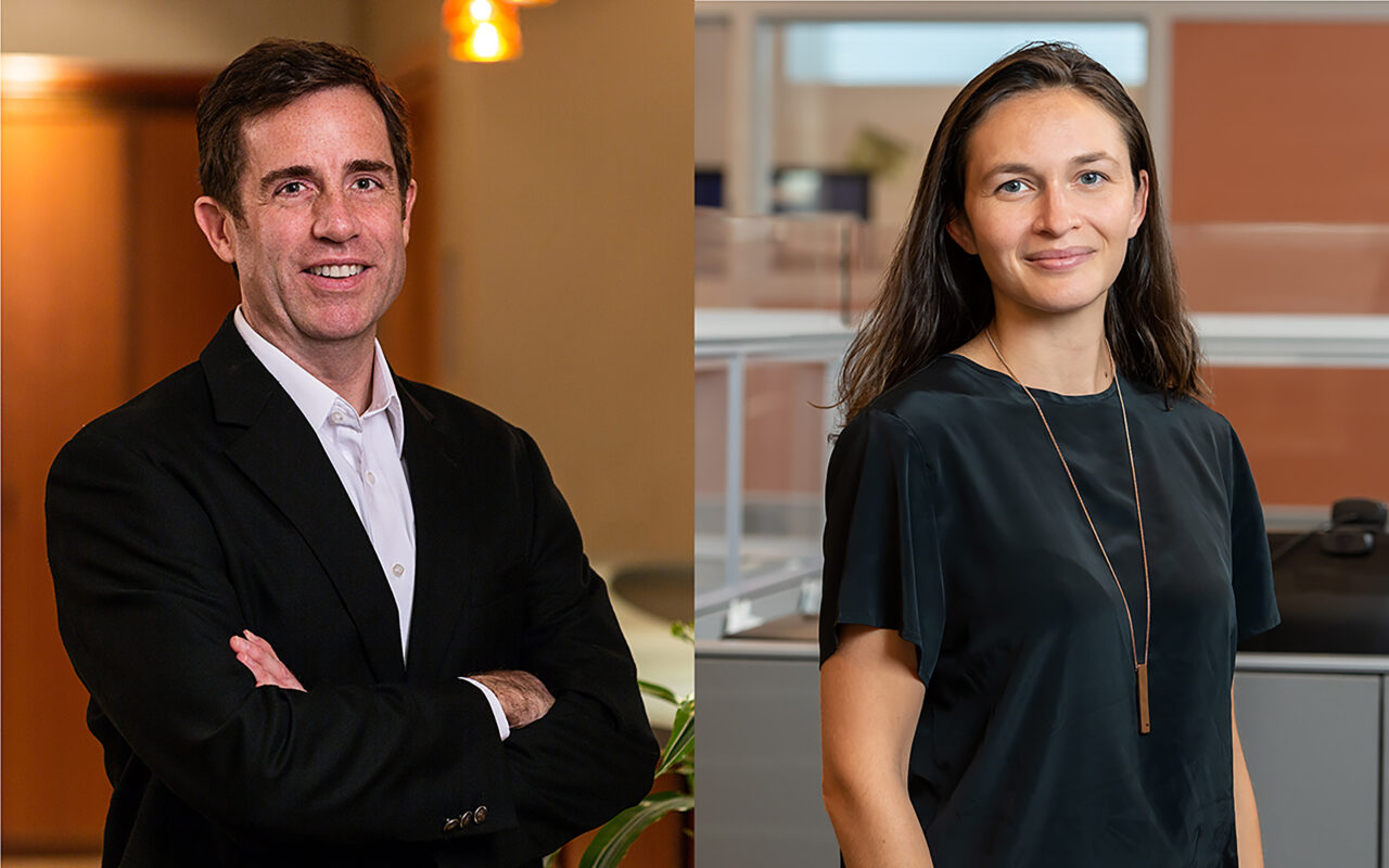 Headshots of Ed Flynn (on the left) and Norabelle Greenberger (on the right).