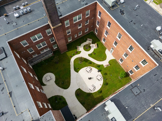 close up aerial photo of the courtyard at the former Buffalo Public School 75 building