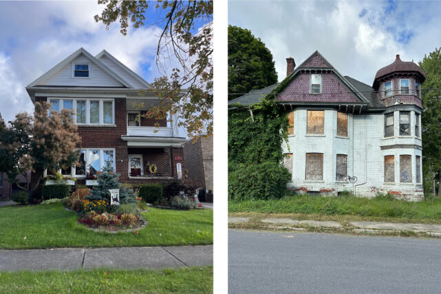 Houses of varying condition in the Mid-City neighborhood of Niagara Falls, NY