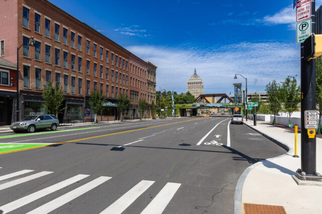 Street-level view of State Street in Rochester, NY