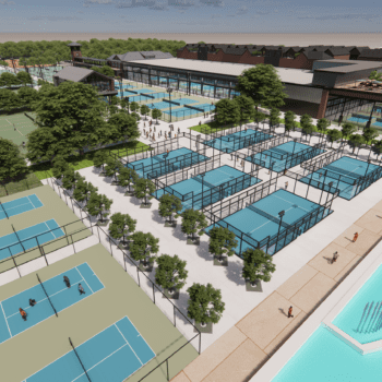 A design rendering of multiple pickle ball courts