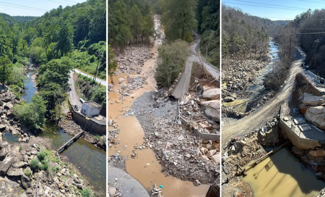 A split-screen of three photographs, one of a pump station in Lake Lure, NC, before Hurricane Helene, one after, and one after repairs