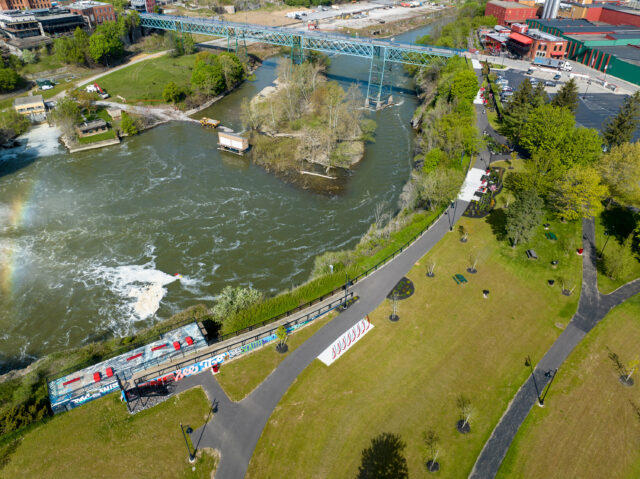 An aerial photo of the Brewery Line Trail, a walking trail overlooking the Genesee River in Rochester New York