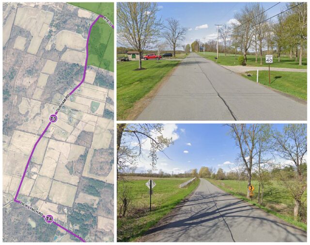 A map of a trail route with two images of roads without bicycle facilities