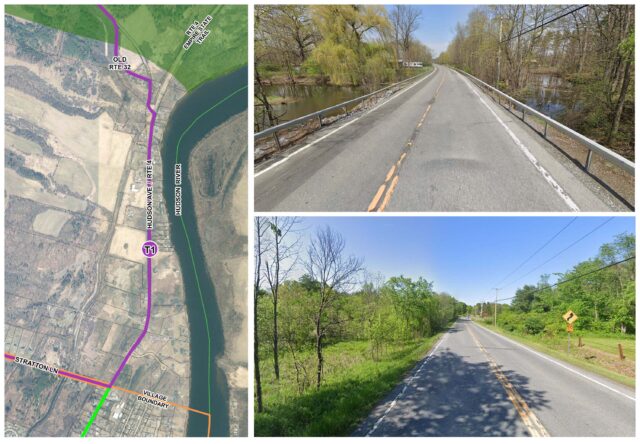 A map of a trail route with two images of roads without bicycle facilities