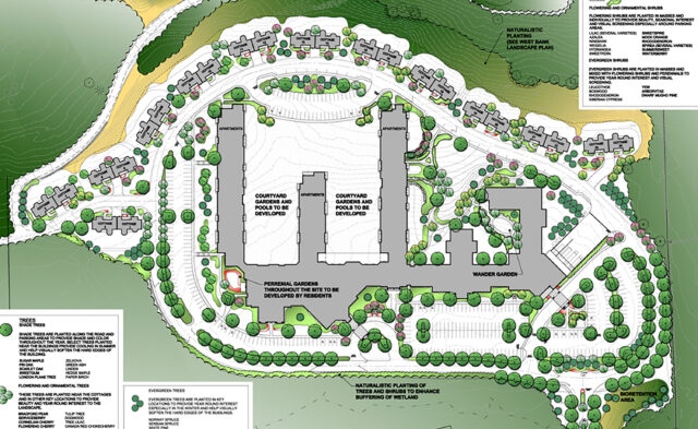 A master plan graphic for a senior living community called Woodland Pond at New Paltz