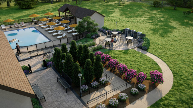A photo-realistic simulation of a backyard space, including a ramp, a small seating area with tables, and lounge chairs, all among plantings.