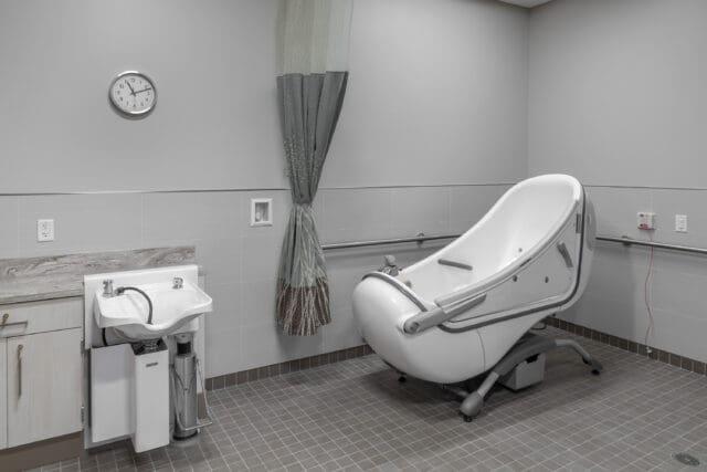 A photograph of an accessible and supportive restroom at the Catholic Health LIFE Adult Day Center in Buffalo, NY