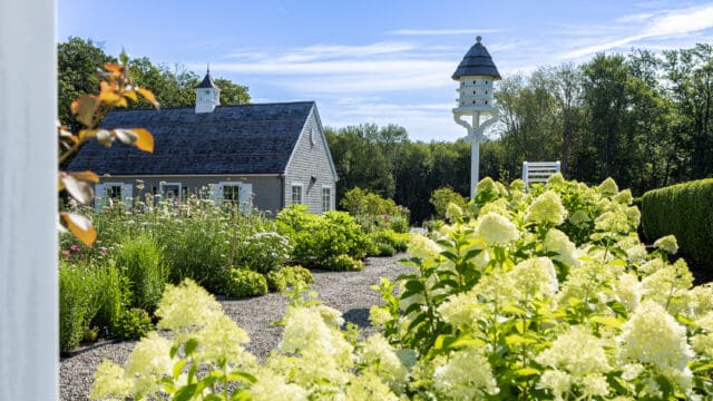 A photograph of a cottage and white hydrangea at Smith Farm Gardens venue in East Haddam, CT