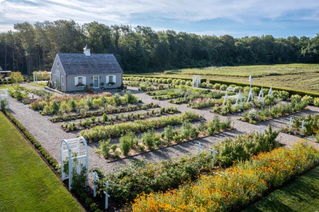 An aerial photograph of a cottage and gardens at Smith Farm Gardens venue in East Haddam, CT