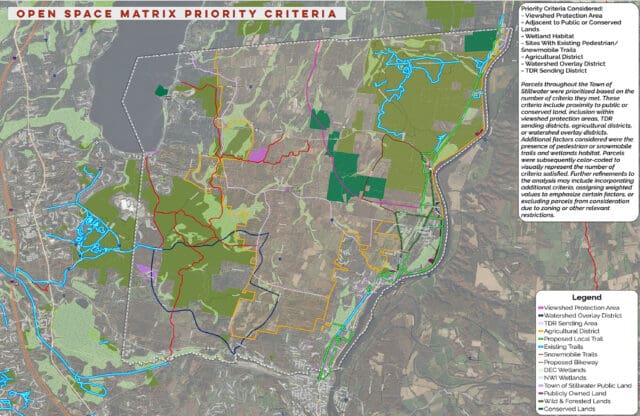A map showing priority factors to consider when identifying what open space areas to preserve in the Town of Stillwater, NY