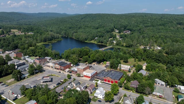 An aerial photograph of the Great Sacandaga Lake Northville Firehouse in Northville, NY
