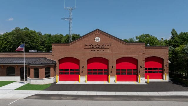 A photograph of the front/street-facing side of the Great Sacandaga Lake Firehouse in Northville, NY