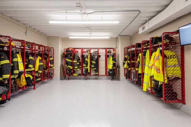 A photograph of firefighter lockers in the Great Sacandaga Lake Firehouse in Northville, NY