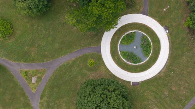 An aerial photograph of a circular memorial
