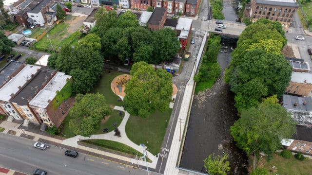 An aerial photograph of Canal Ave Park in Troy, NY.