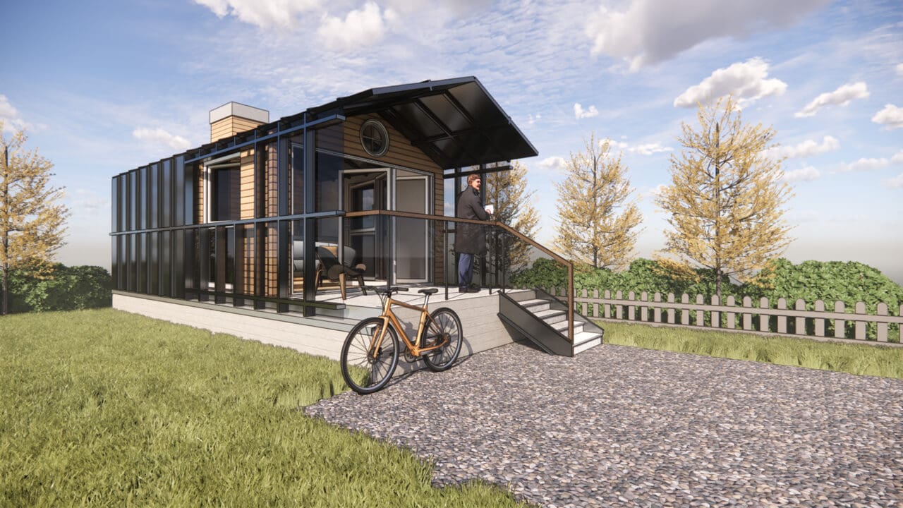A photo-realistic simulation of a tiny home set in a rural setting, with a person standing on a front porch and a bicycle on the driveway.