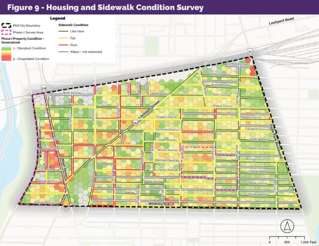 A map generated from a GIS tool which shows parcel-level conditions of housing rated from Standard Condition to Dilapidated Condition and sidewalks rated from Like New to Poor.