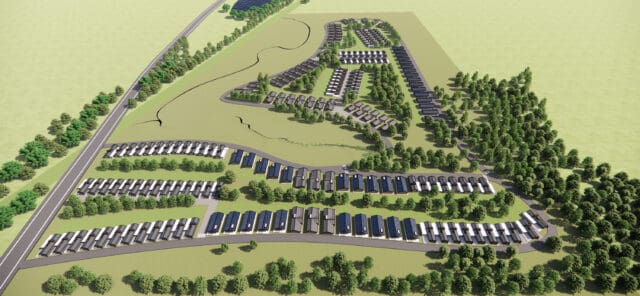 An aerial concept rendering of a residential development
