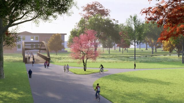 A photo-realistic simulation of the concept for a pedestrian bridge in Clay, NY