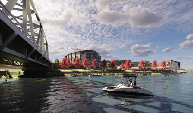 A photo-realistic simulation of the concept for an amphitheater along Three Rivers in Clay, NY