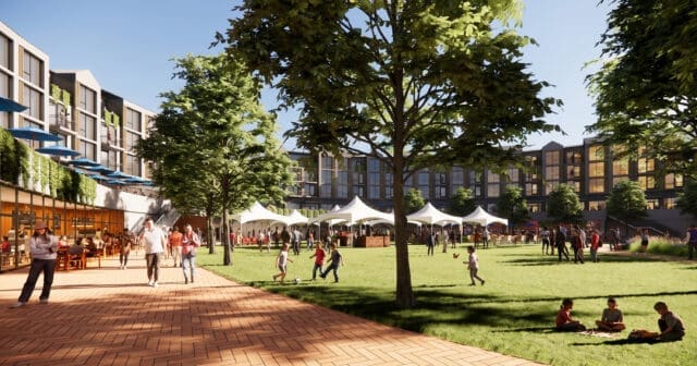 A photo-realistic rendering of an open lawn adjacent to a multi-story building. There are white tents and people milling about.