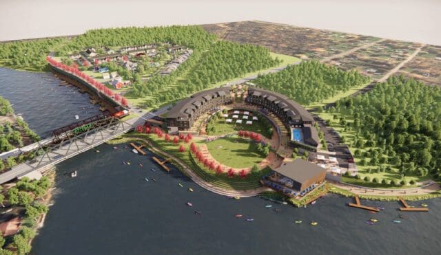 A photo-realistic simulation of a development concept along Three Rivers in Clay, NY