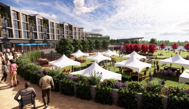 A photo-realistic rendering of an open lawn adjacent to a multi-story building. There are white tents and people milling about.