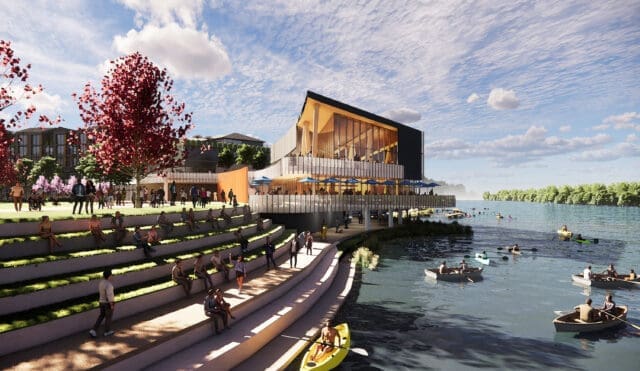 A photo-realistic rendering of people sitting along an amphitheater facing a body of water