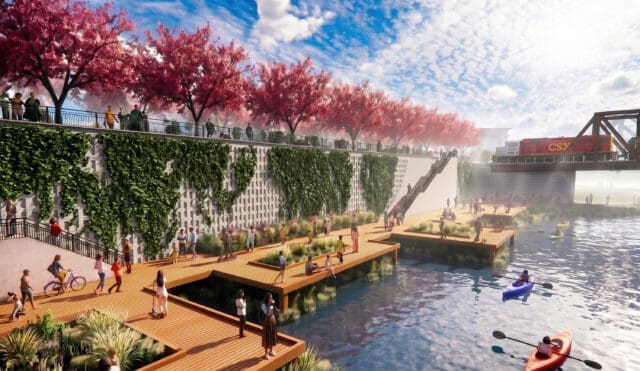 A photo-realistic rendering of a waterfront with docks and people milling about