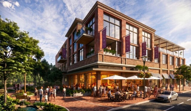 A photo-realistic rendering of a multi-story building with a restaurant on the first floor, including outdoor dining along the sidewalk.