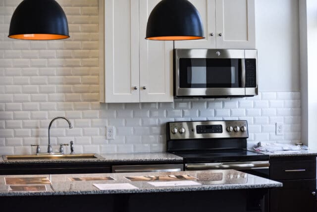 A photograph of a renovated kitchen