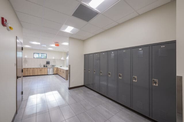 A photograph of lockers in a hallway
