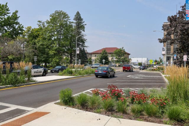 A photograph of a road with cars with parking spots, a landscaped median, and additional landscaping.