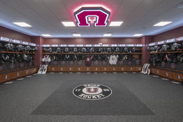 A photograph of the Union College ice hockey team's locker rooms