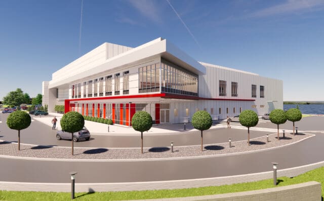 A daytime, exterior, photo-realistic rendering of the M&T Bank Center Area