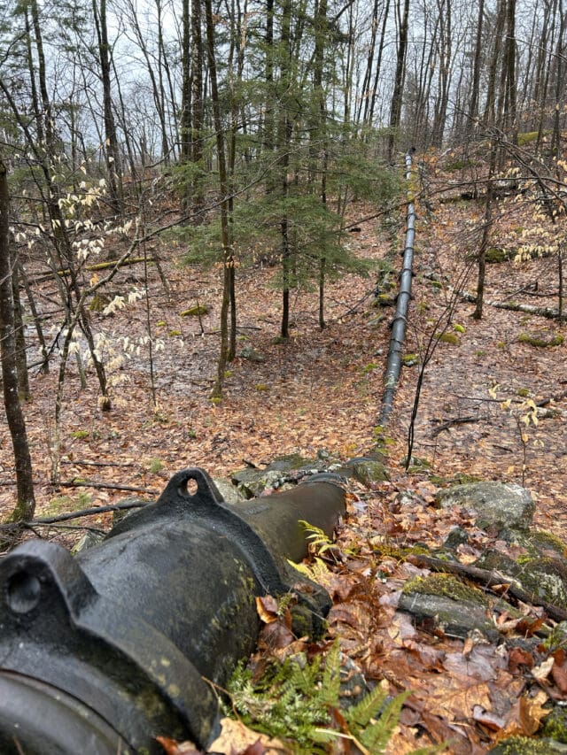 A photograph of a large watermain pipe running through a wooded area into the distance up a rocky hill