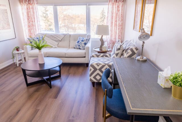 A photograph of a living room with modern furnishings