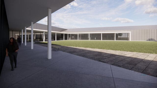 A simulation of an overhang/canopy around the perimeter of a building with people walking underneath it.