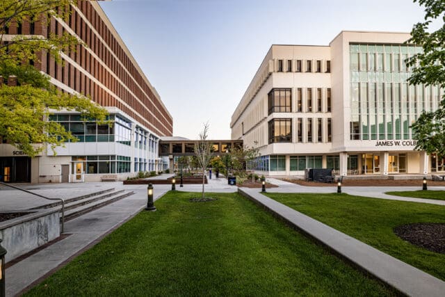 A photograph of a courtyard comprised of grass, hardscape, and pedestrian lighting. The space is situated between multiple buildings.