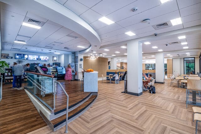 A photograph of a cafe and seating