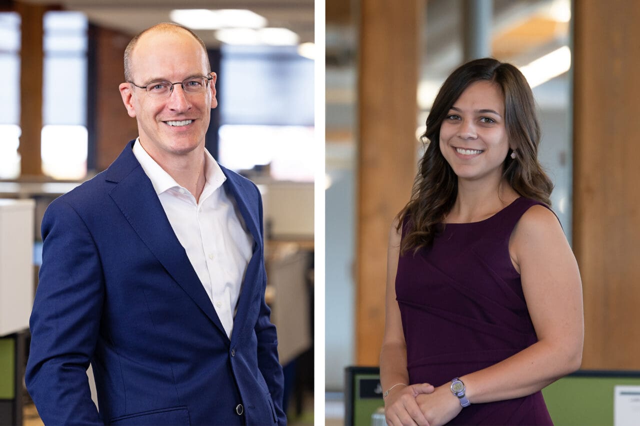 Headshots of a man (on left) and a women (on right) with an office setting in the background