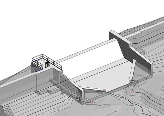 A design drawing of a dam spillway